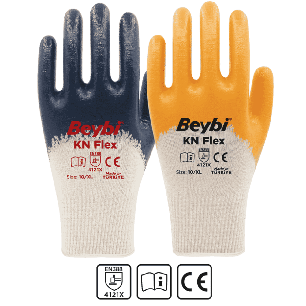 beybi kn flex pamuk nitril eldiven sari beyaz lacivert beyaz likra destekli en 388 4121x ce no 9 no 10 tekli opp