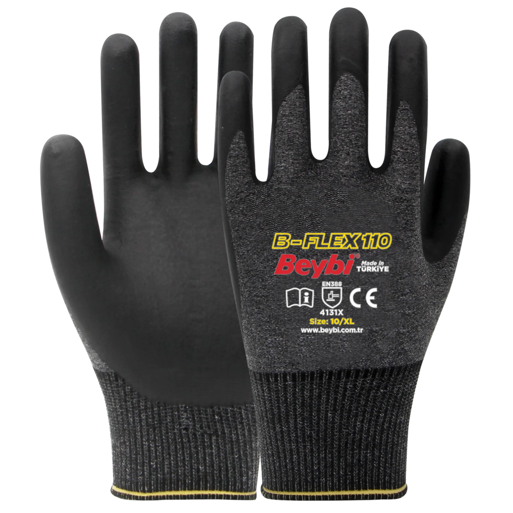 Beybi B-Flex110 Likralı Köpük Nitril Eldiven (Gri-Siyah) beybi b-flex110 likralı köpük nitril eldiven gri siyah 15g polyester örgü 1/2 kaplama en 388 4131x reach no 9 no 10