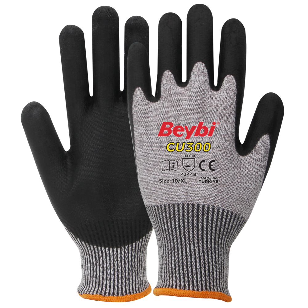 Beybi CU300 PU Kaplı Kesilmeye Dirençli Eldiven (Gri-Siyah) beybi cu300 pu kapli kesilmeye direncli eldiven gri siyah 13g hdpe astar 1 2 pu kaplama en 388 4344b reach silikon dmf icermez no 9 no 10