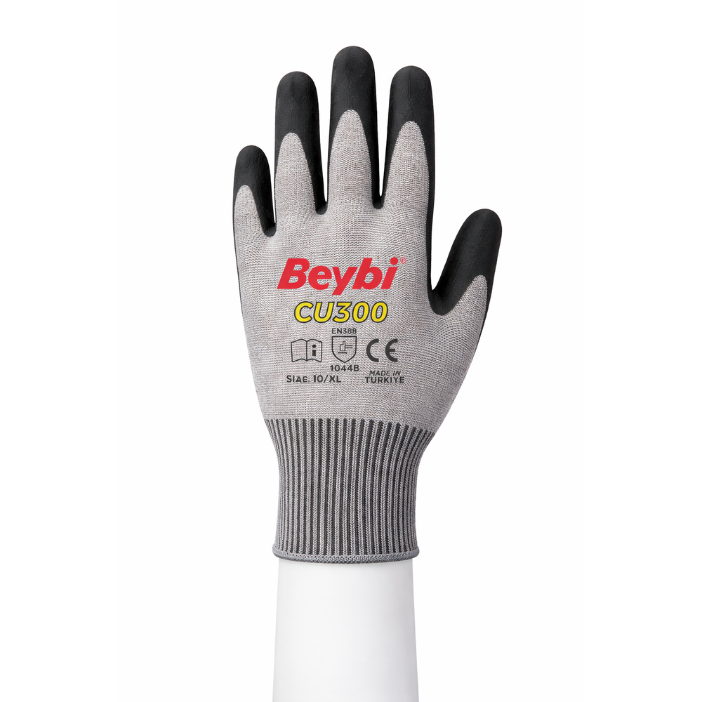 Beybi CU300 PU Kaplı Kesilmeye Dirençli Eldiven (Gri-Siyah) beybi cu300 pu kapli kesilmeye direncli eldiven gri siyah 13g hdpe astar 1 2 pu kaplama en 388 4344b reach silikon dmf icermez no 9 no 10