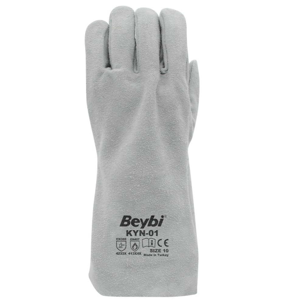 Beybi KYN-01 EKO Kaynakçı Eldiveni (Gri) beybi kyn-01 eko kaynakci eldiveni gri tam dana yarma derisi tek parca uzun konc icten dikis en388 4233x en407 413x4x beden 10 xl