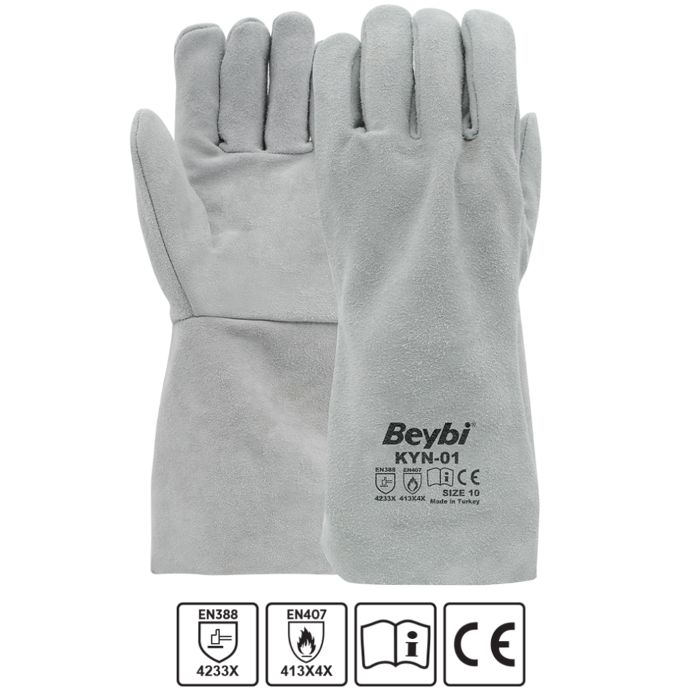 Beybi KYN-01 EKO Kaynakçı Eldiveni (Gri) beybi kyn-01 eko kaynakci eldiveni gri tam dana yarma derisi tek parca uzun konc icten dikis en388 4233x en407 413x4x beden 10 xl