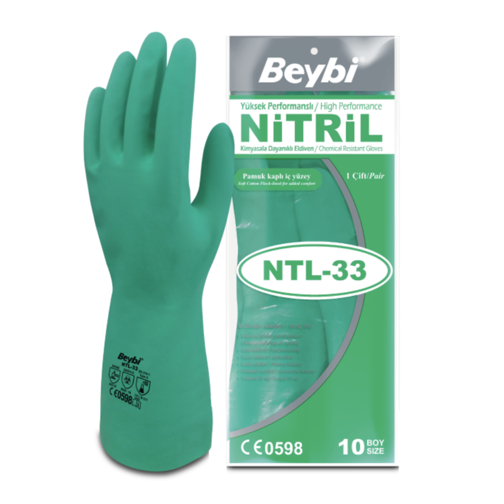 beybi ntl33 nitril is eldiveni kimyasala dayanikli pamuk astarli yesil nitril kaplama yag gres deterjan dayanimi reach uyumlu gida ile temasa uygun no 9 no 10 tekli paket