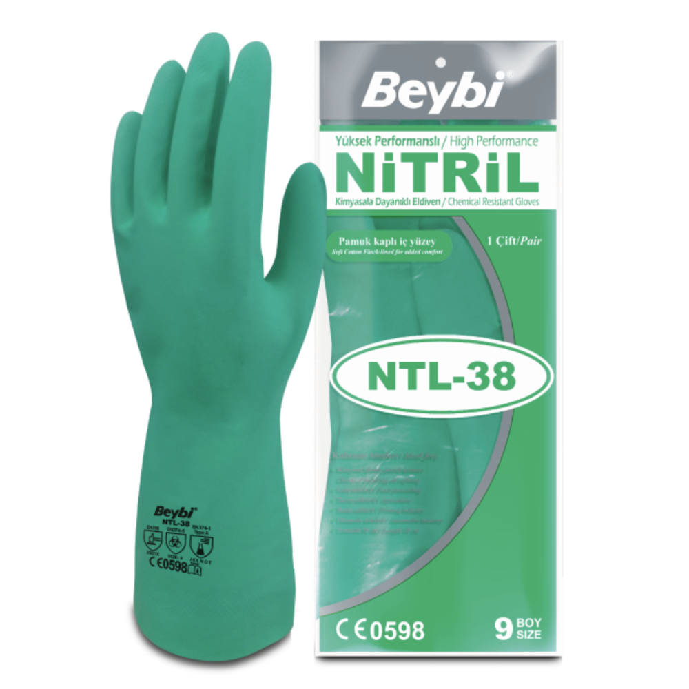 beybi ntl38 nitril is eldiveni kimyasala dayanikli pamuk astarli yesil nitril kaplama deterjan yag gres cozuclere dayanim gida ile temas uygun reach uyumlu no 7 no 8 no 9 no 10 tekli paket