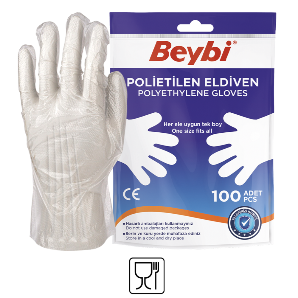 beybi pet polietilen eldiven 100lu paket tek kullanimlik pe eldiven tek beden bpa icermez steril degildir gida isleme temizlik kuafor hobi
