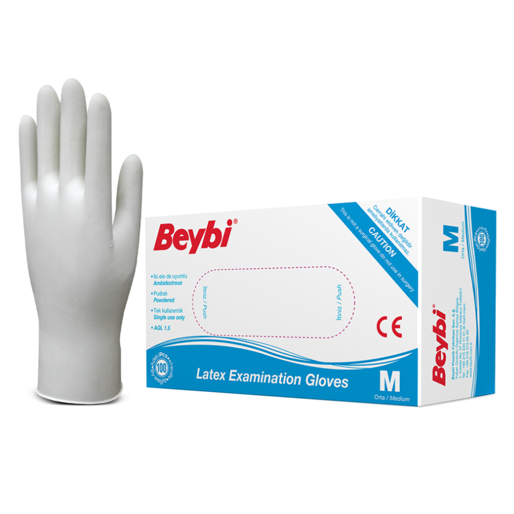 beybi pudrali lateks muayene eldiveni 100lu kutu tek kullanimlik non sterile dogal lateks pudrali kolay giyme cift ele uyumlu gida ile temasa uygun s m l