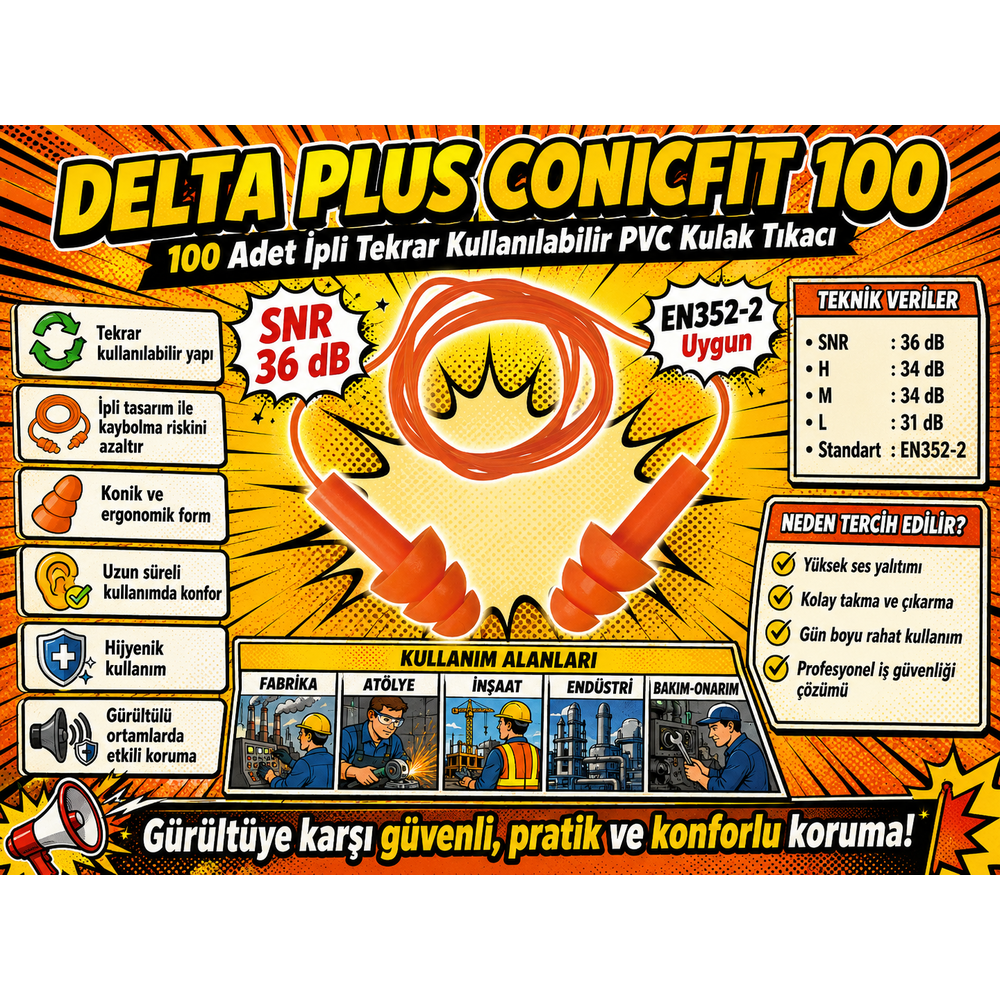 Conicfit 100 SNR 36 dB Kulak Tıkacı - Delta Plus delta-plus-conicfit-100-ipli-is-kulak-tikaci-koruyucu