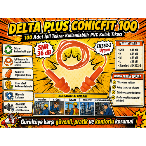 Delta Plus Conicfit 100 Tekrar Kullanılabilir PVC 100 adet İpli Kulak Tıkacı