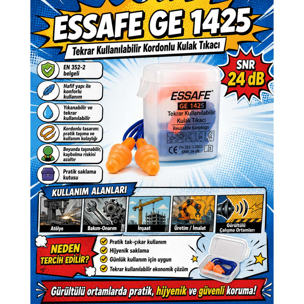 essafe ge 1425 kordonlu kutulu kulak tikaci snr 24 db en 352-2 2002 ce yumusak polimer gurultu azaltimi isitme koruyucu atolye insaat imalat