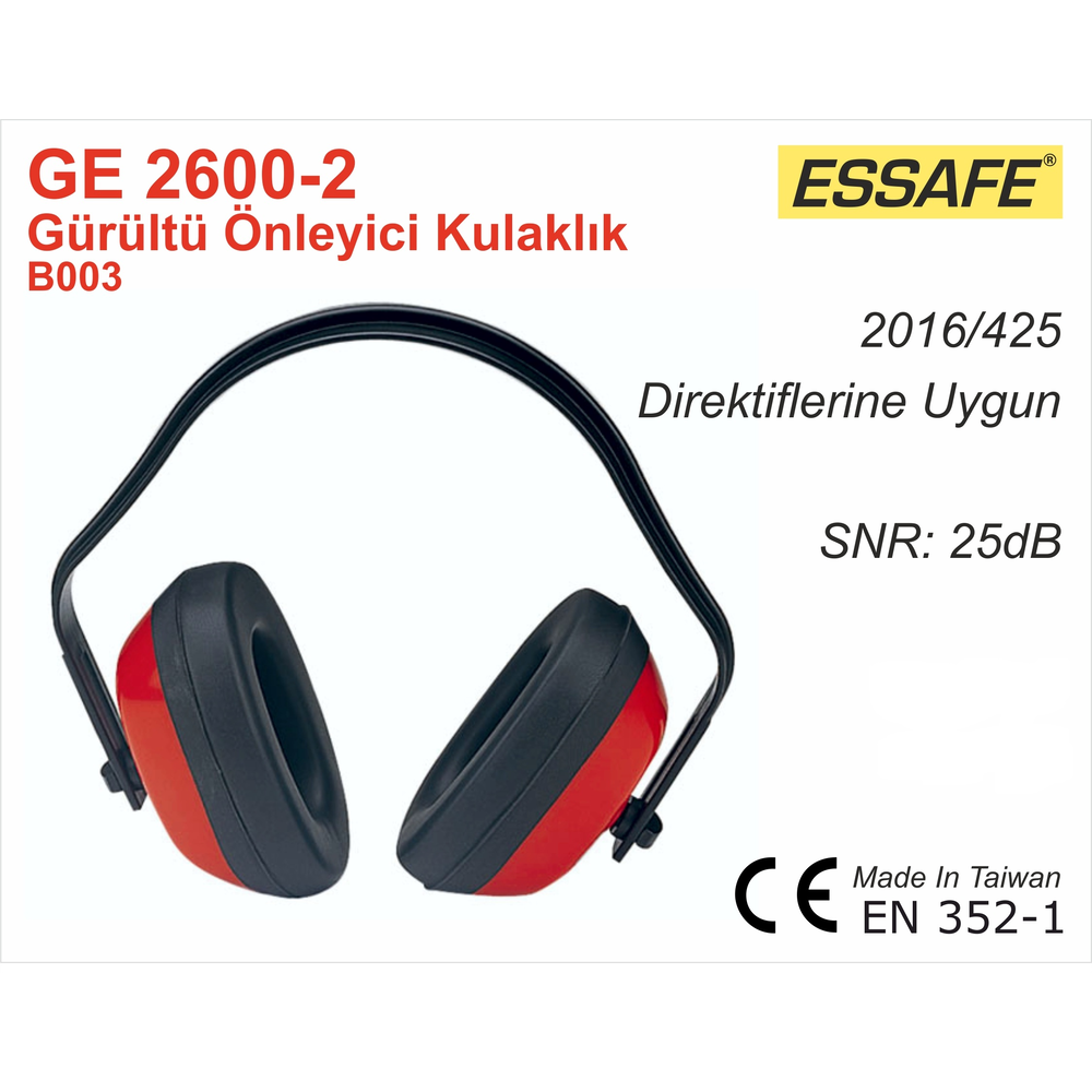 essafe ge 2600-2 gurultu onleyici kulaklik kirmizi snr 25 db en 352-1 abs dis kabuk pvc deri kapli kulak yastigi is guvenligi atolye imalat santiye