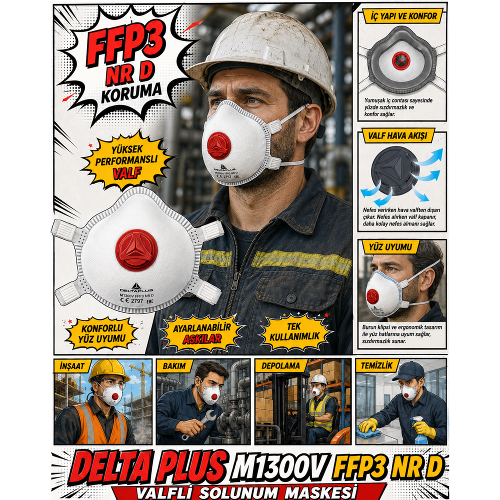 Delta Plus M1300V FFP3 NR D Valfli Solunum Maskesi delta plus m1300v ffp3 nr d valfli solunum maskesi 5li kutu en 149 ayarlanabilir askili