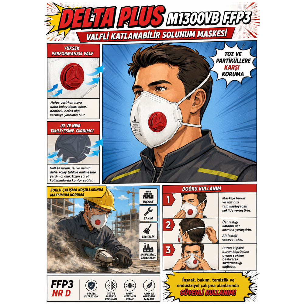 delta plus m1300vb ffp3 nr d valfli katlanabilir solunum maskesi 10lu kutu en 149