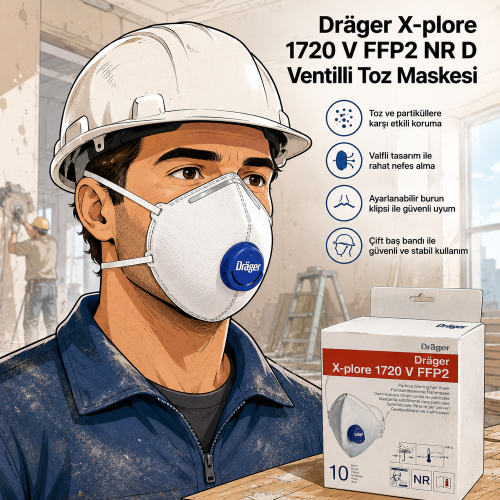 Dräger X-plore 1720 V CoolMAX Valfli FFP2 Toz Maskesi 10 Adet drager x plore 1720 v ffp2 nr d ventilli toz maskesi 10 adet coolmax valfli katlanabilir partikül maskesi