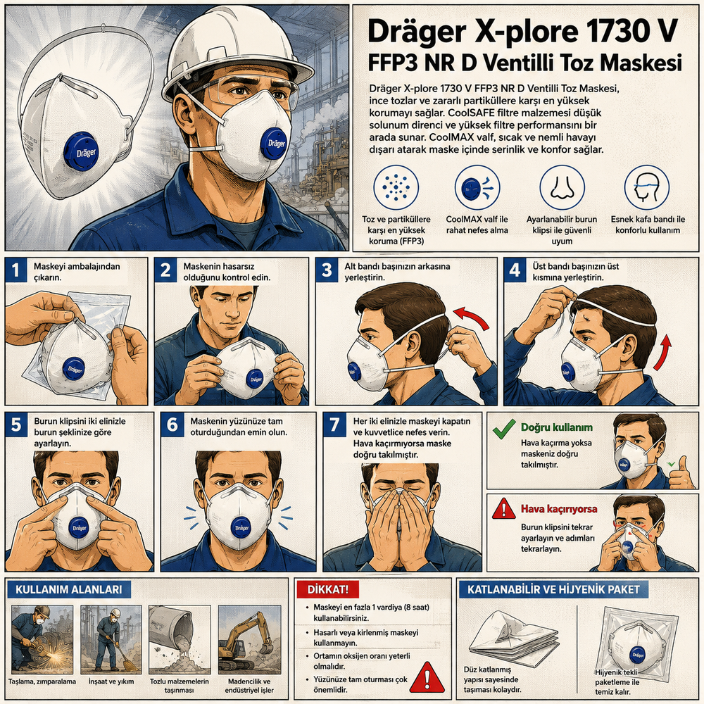 drager x plore 1730 v ffp3 nr d ventilli toz maskesi 10 adet coolmax valfli katlanabilir partikül maskesi