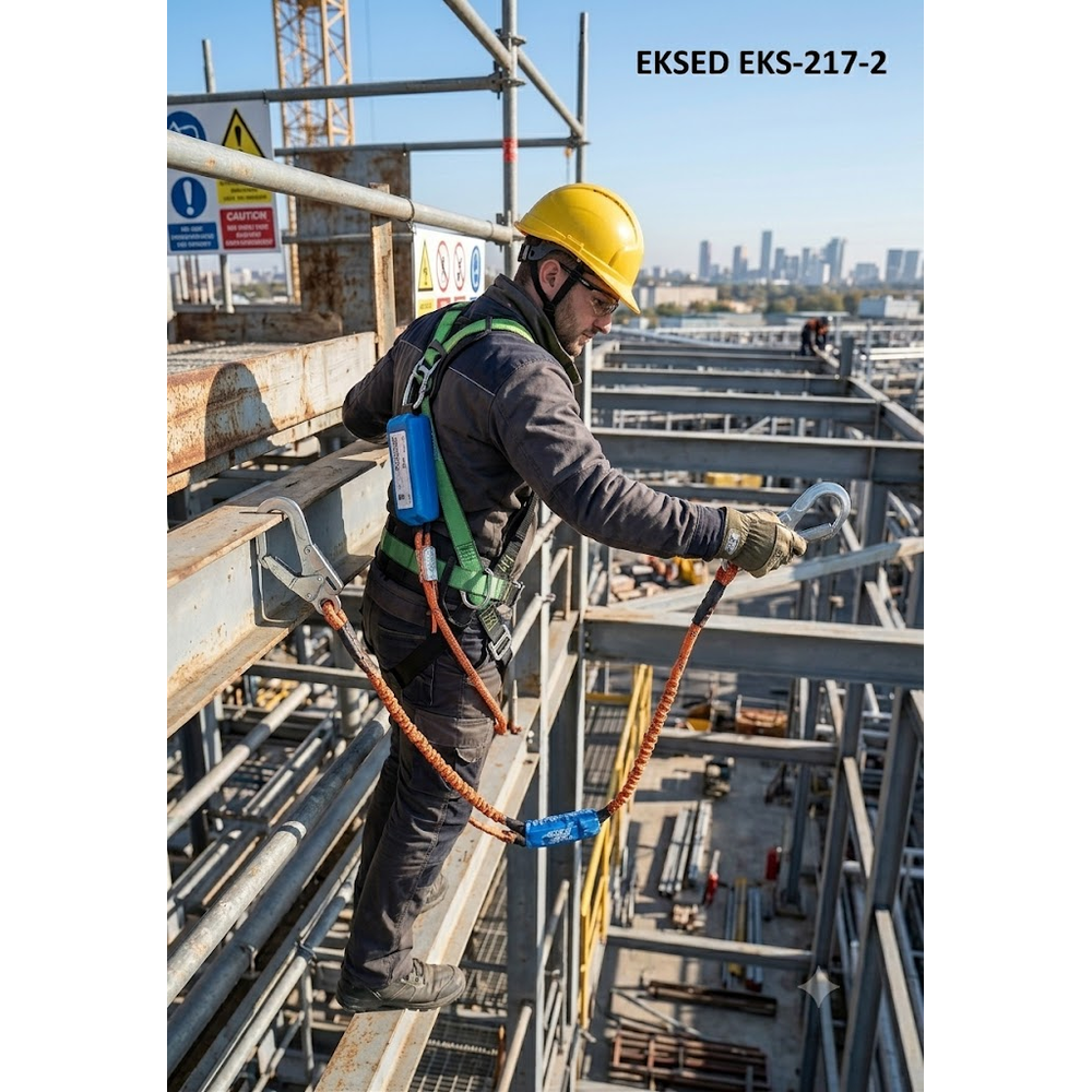 Eksed EKS-217-2 Çift Bacaklı Dikişli Halat (Lanyard) eksed eks-217-2 cift bacakli dikisli lanyard 12 mm en 354 en 362 64 mm aluminyum karabina
