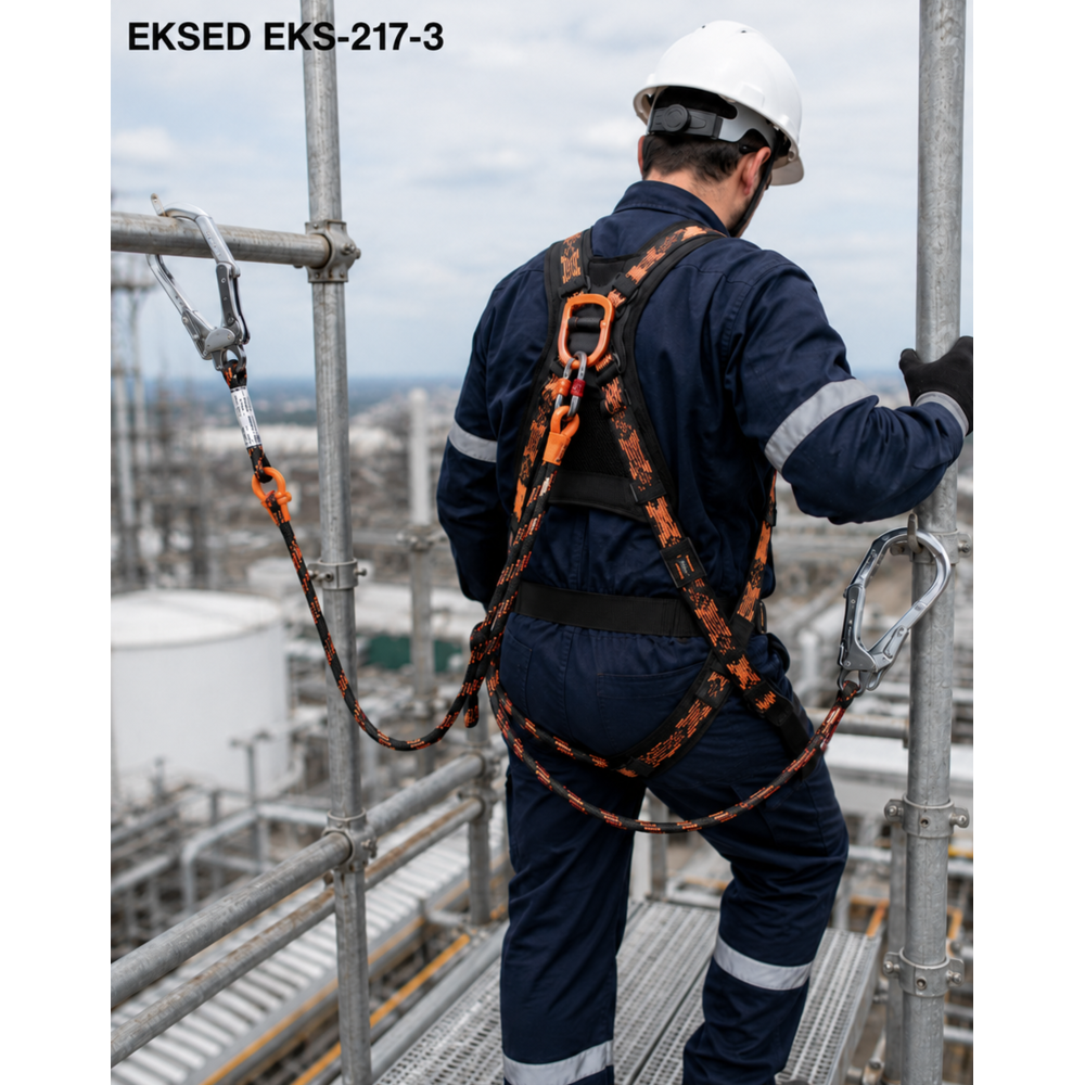 Eksed EKS-217-3 Çift Bacaklı Dikişli Halat Lanyard eksed eks-217-3 cift bacakli dikisli lanyard 12 mm 54 mm en 354 en 362