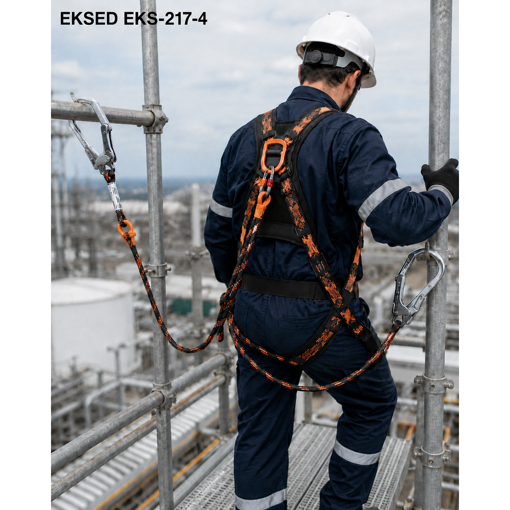 Eksed EKS-217-4 Çift Bacaklı Dikişli Halat Lanyard eksed eks-217-4 cift bacakli dikisli halat lanyard 12 mm 1 2 m 2 m 85 mm en 354 en 362