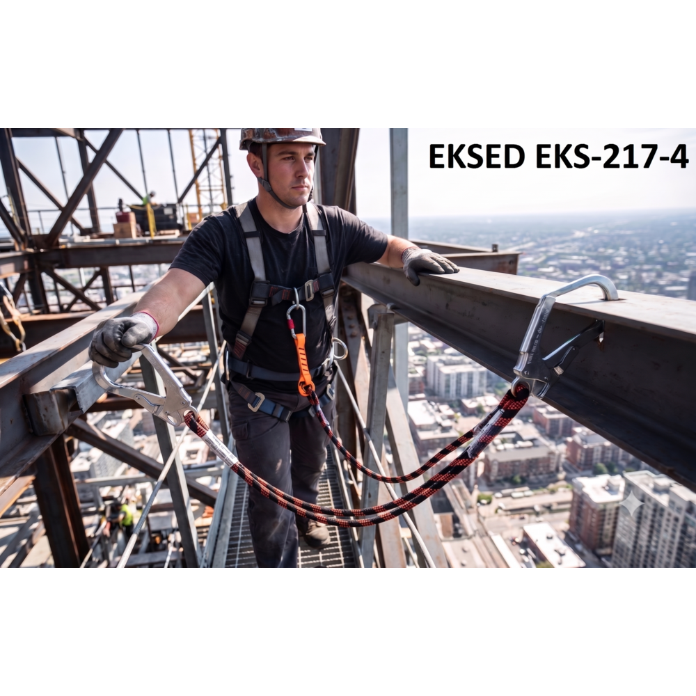 Eksed EKS-217-4 Çift Bacaklı Dikişli Halat Lanyard eksed eks-217-4 cift bacakli dikisli halat lanyard 12 mm 1 2 m 2 m 85 mm en 354 en 362