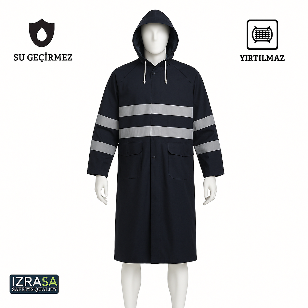 Izrasa NM-05R astarlı 35 mm PVC kumaş reflektörlü yağmurluk, 120 cm uzun pardesü tipi su geçirmez iş yağmurluğu