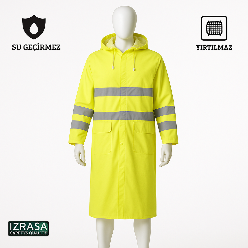 Izrasa NM-05R astarlı 35 mm PVC kumaş reflektörlü yağmurluk, 120 cm uzun pardesü tipi su geçirmez iş yağmurluğu