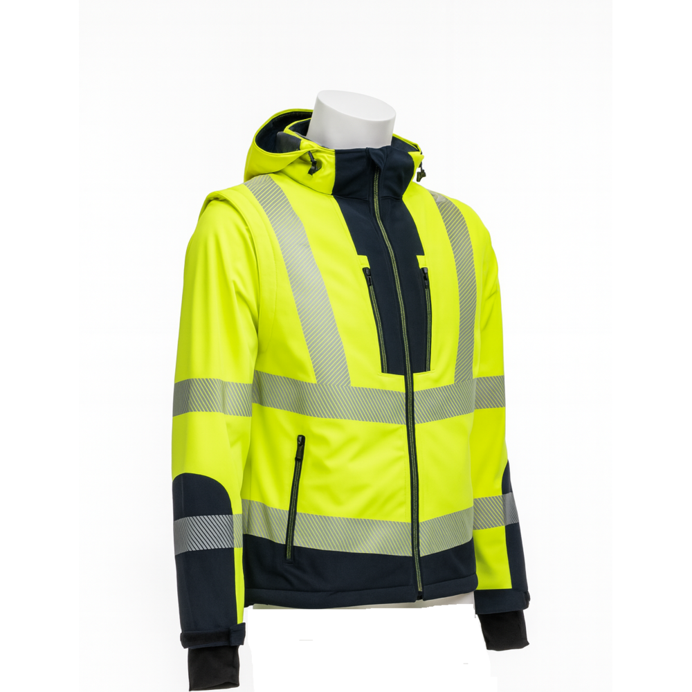 Vizwell VWJK521 yüksek görünümlü ripstop softshell mont, kolları çıkabilir hi-viz sarı reflektörlü iş montu