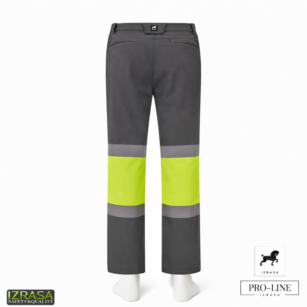 Izrasa SMP-G gri softshell teknik kontrast iş pantolonu, 3 katmanlı PU membranlı softshell kumaşlı, mikro polar astarlı, diz çevresinde reflektör bantlı, 300D Oxford diz güçlendirmeli, gri-sarı ve gri-turuncu renk seçenekli saha pantolonu