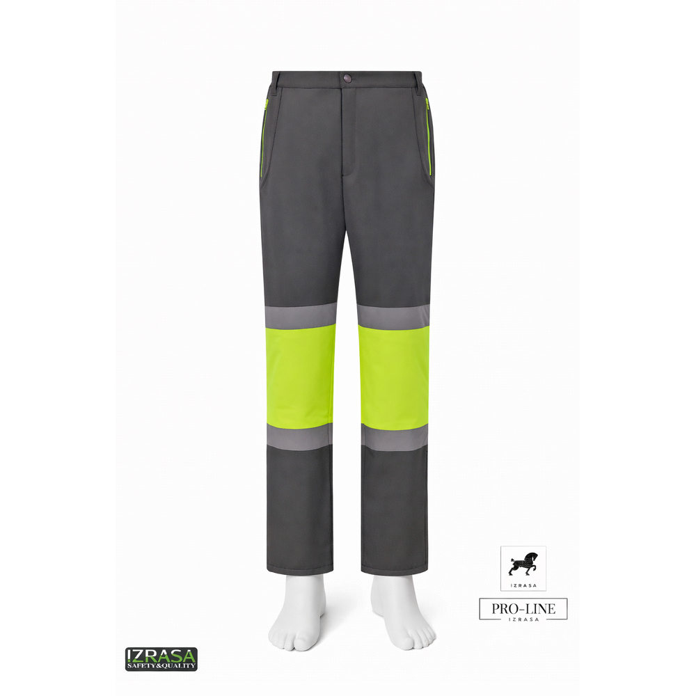 Izrasa SMP-G gri softshell teknik kontrast iş pantolonu, 3 katmanlı PU membranlı softshell kumaşlı, mikro polar astarlı, diz çevresinde reflektör bantlı, 300D Oxford diz güçlendirmeli, gri-sarı ve gri-turuncu renk seçenekli saha pantolonu