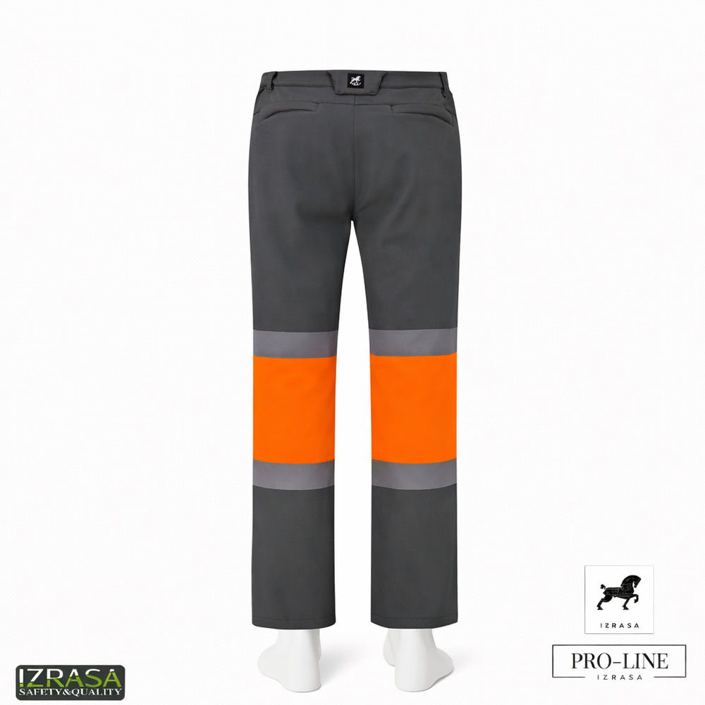 Izrasa SMP-G gri softshell teknik kontrast iş pantolonu, 3 katmanlı PU membranlı softshell kumaşlı, mikro polar astarlı, diz çevresinde reflektör bantlı, 300D Oxford diz güçlendirmeli, gri-sarı ve gri-turuncu renk seçenekli saha pantolonu