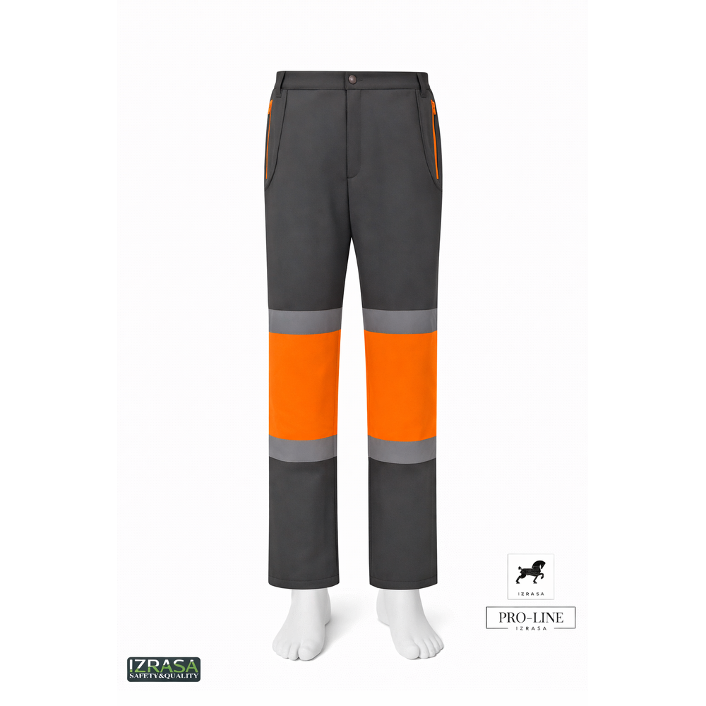Izrasa SMP-G gri softshell teknik kontrast iş pantolonu, 3 katmanlı PU membranlı softshell kumaşlı, mikro polar astarlı, diz çevresinde reflektör bantlı, 300D Oxford diz güçlendirmeli, gri-sarı ve gri-turuncu renk seçenekli saha pantolonu