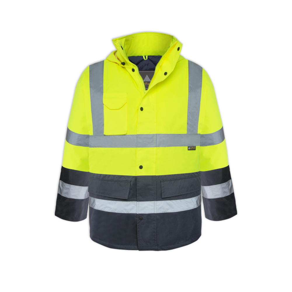 MYFORM Olympus Essential 4122 hi-vis two-tone astarlı parka su geçirmez nefes alabilir kapitoneli dolgulu reflektif bantlı sarı lacivert turuncu lacivert